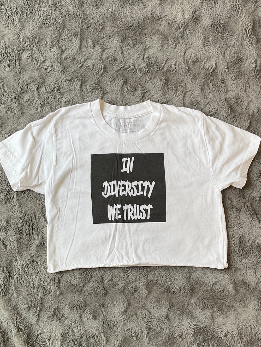 White Graphic Crop Top - "In Diversity We Trust"